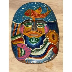 Vintage Mexican Clay Folk Art Mask Fish Handpainted Wall Hanging Art 8 x 7"